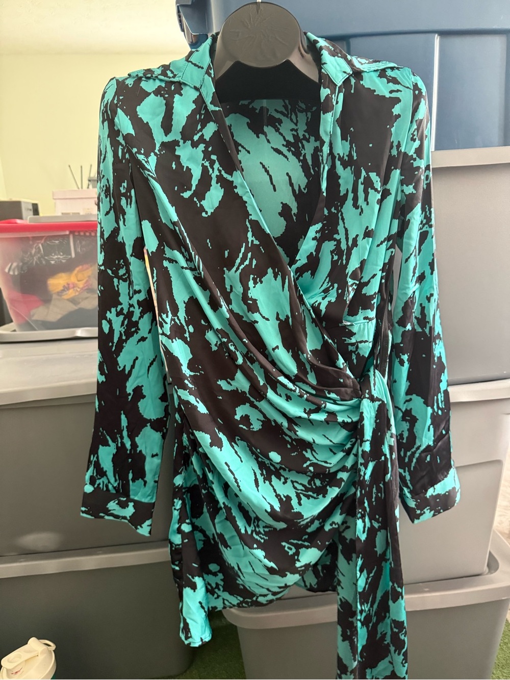 Draped Wrap Blouse in Black and Teal p68